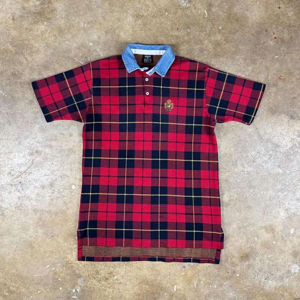 Vintage Ralph‎ Lauren Plaid Polo Men's L Red Black Chambray Crest Made in USA